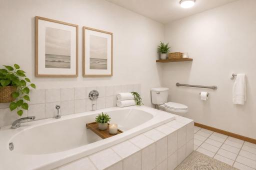 This incredible tub area has a spa like feel. This virtually staged photo shows exactly that.