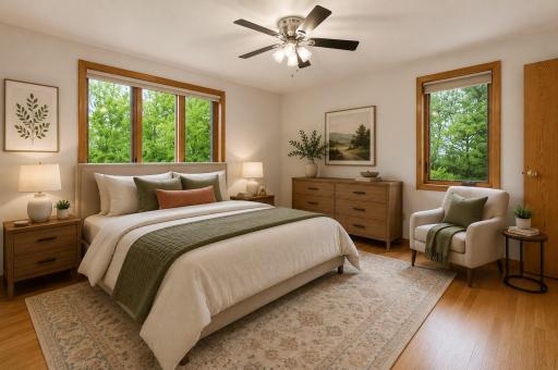 This photo has been virtually staged. This is an idea of how you could style the upstairs bedroom!