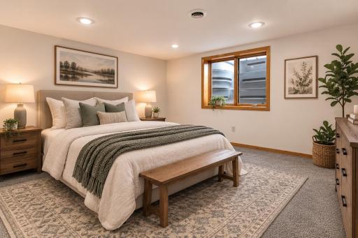 This virtually staged lower level bedroom can be used many ways. It has the potential as a bedroom, an office or even a toy room!