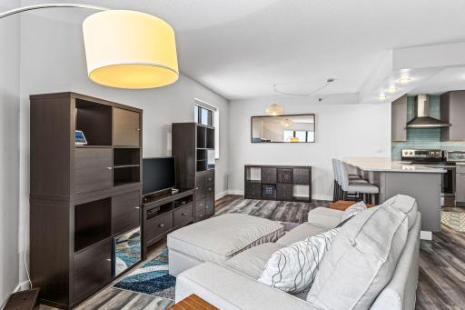 Comfortable living room featuring plank flooring, built-in display storage, and abundant natural light.