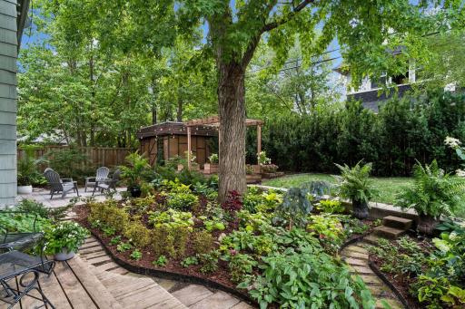 Lush Back yard with Pergola