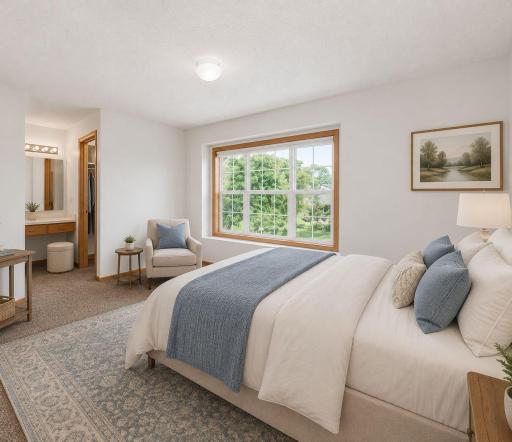 Upper-level primary bedroom - AI virtually staged with furniture added to help illustrate the roomâs scale, layout, and potential use of space.