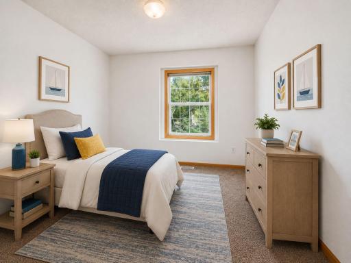 Bedroom 3 - AI virtually staged with furniture added to help illustrate the roomâs scale, layout, and potential use of space.
