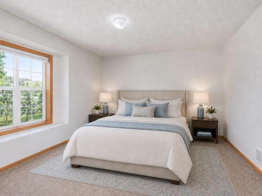 Upper-level primary bedroom - AI virtually staged with furniture added to help illustrate the roomâs scale, layout, and potential use of space.