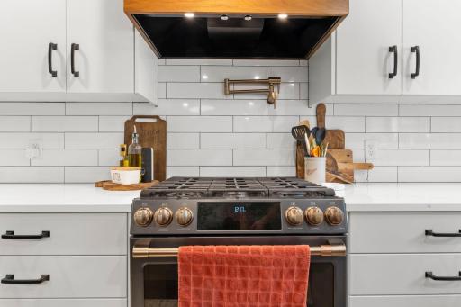 Beautiful gas stove with pot filler and custom vent hood