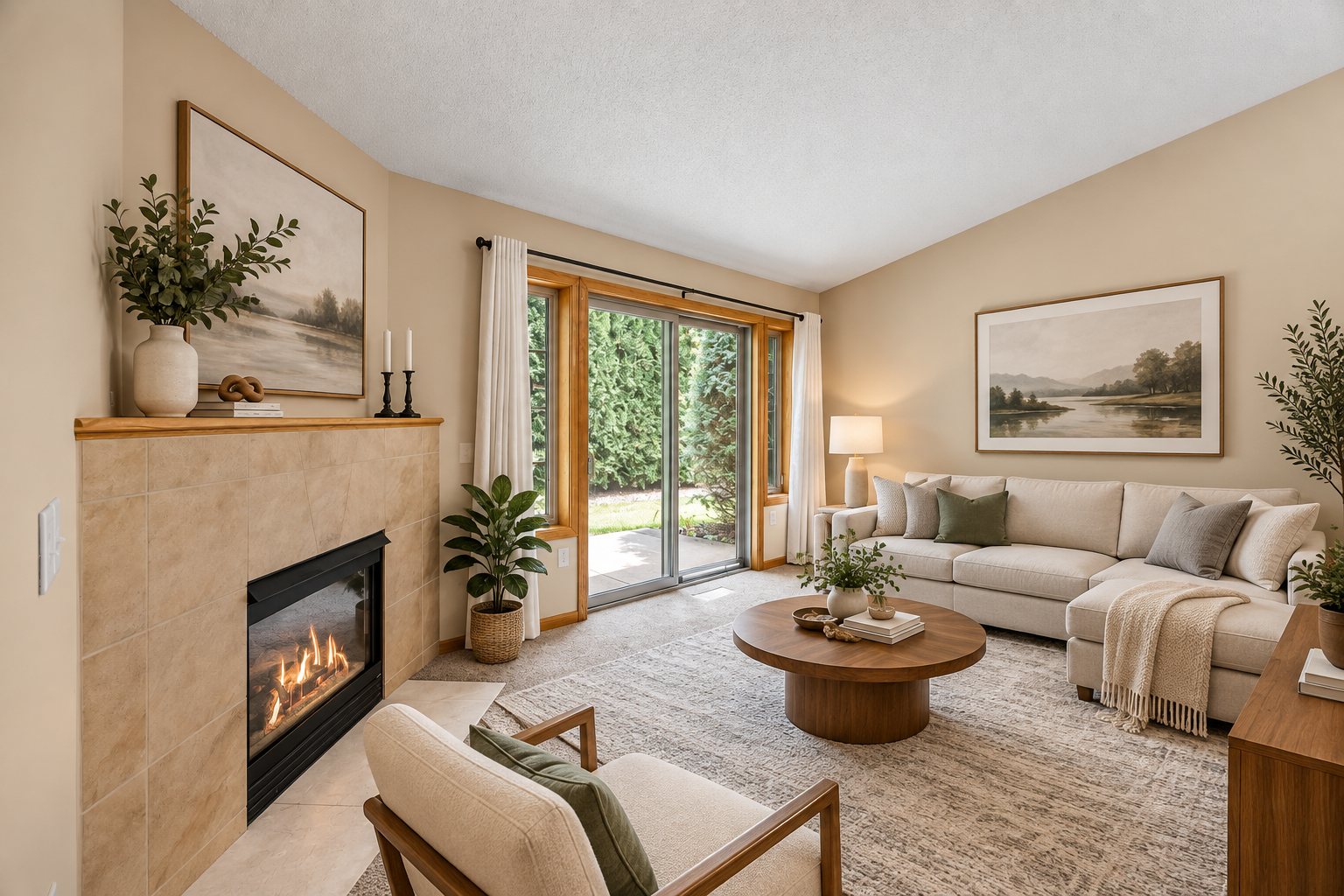AI Enhanced - Cozy Neutral Living Room with Fireplace
