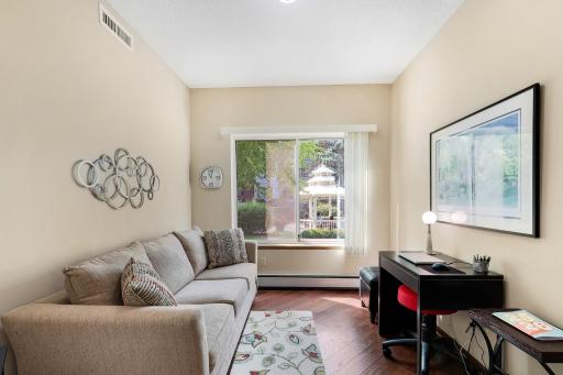 Second bedroom with closet. Pretty views of the covered gazebo out your window.