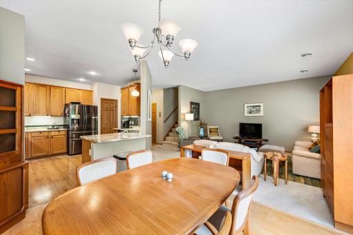 View to kitchen and living room from dining area.