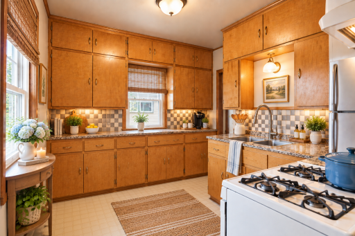 Kitchen virtually staged by adding a few counter top items and lighting under the cabinets, allows for much better lighting in a small space.