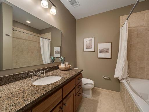 The guest bath features a granite countertop.