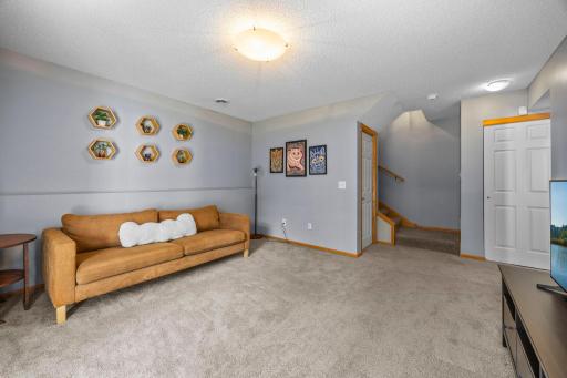Spacious family room that walks out to a private patio through sliding glass doors.