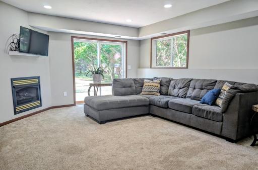 Lower level family room with sliding doors to the backyard and patio