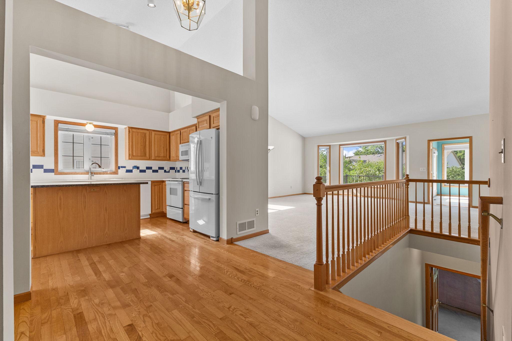 Open layout provides an easy transition between the kitchen and living spaces.