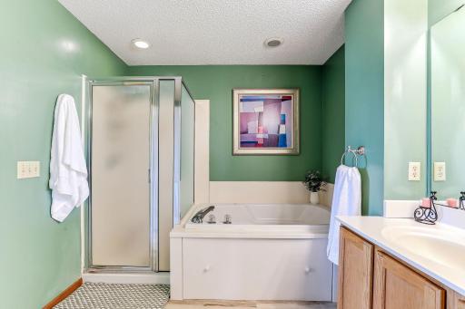 Upper level walkthrough bathroom with separate shower and tub