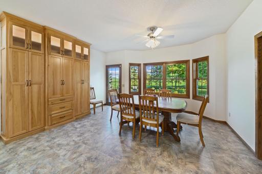 Generous sized dinette with bayed windows, door to exterior patio, PLUS 7' of built-in pantry- ceiling height with drawer stack, sliding shelving, and Glass inserts with lighting at top