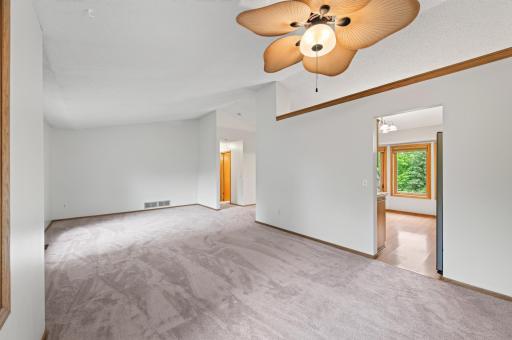 View of the kitchen, dining room and living room