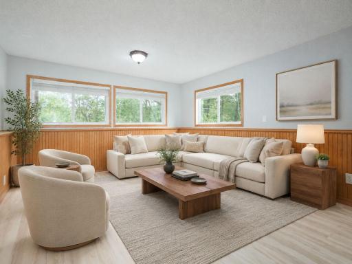Lower-level Family Room with wood burning fireplace and views of private backyard!