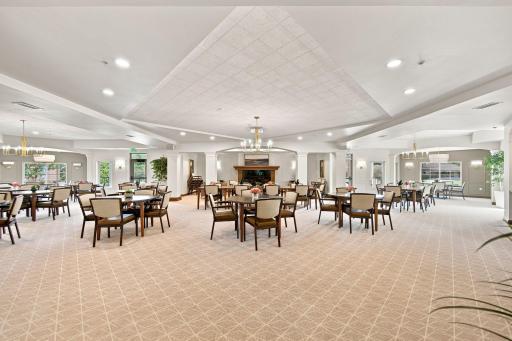 Fireside Room is a wonderful gathering space with a full kitchen, dishwasher, dishes and utensils. This space is used for building events and is available for residents to host private gatherings.