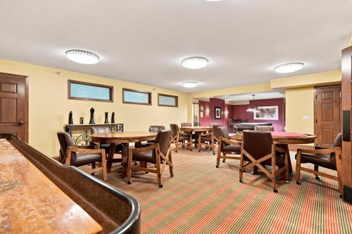 Table shuffleboard, card tables and billiard room (walk through the Pub to enter this room) Bridge, Mah Jong, Mexican Train, Poker and other games are scheduled weekly and announced in the monthly calendar.