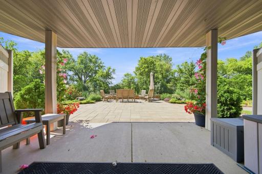 One of the patio seating areas outside overlooking Nine Mile Creek.
