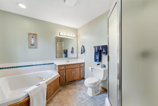 Primary bathroom with a separate tub and shower.