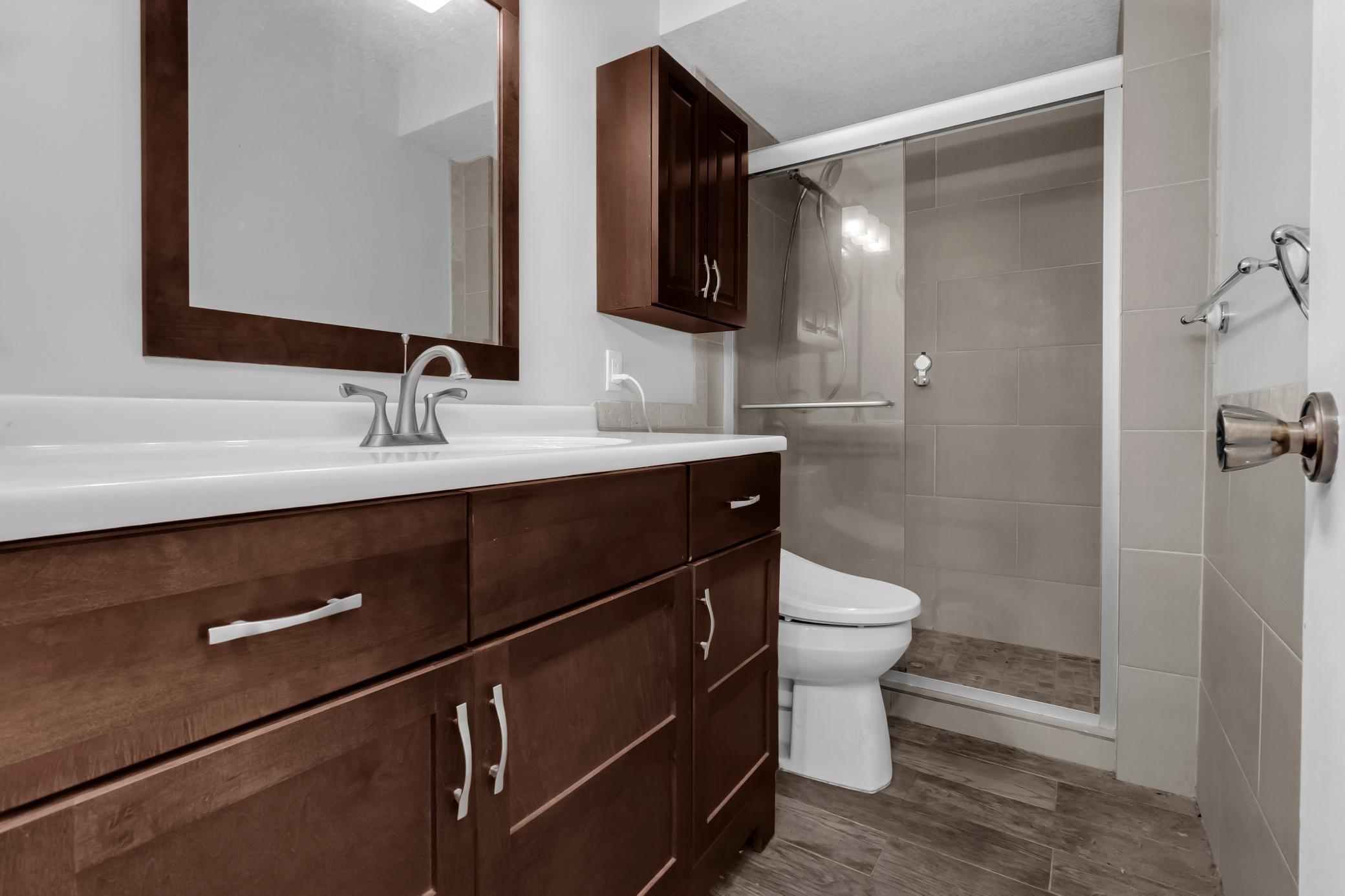 Updated modern bathroom featuring a dark wood vanity, frameless glass walk-in shower, and stylish finishes