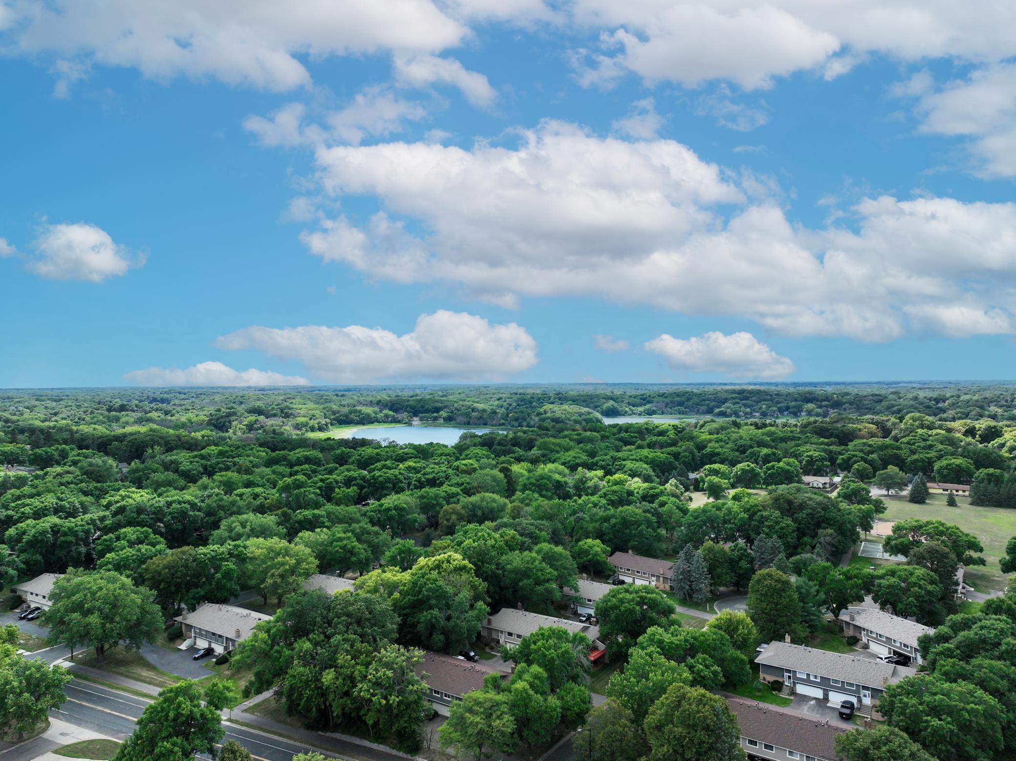 Aerial view showcasing the wooded setting and surrounding residential area.