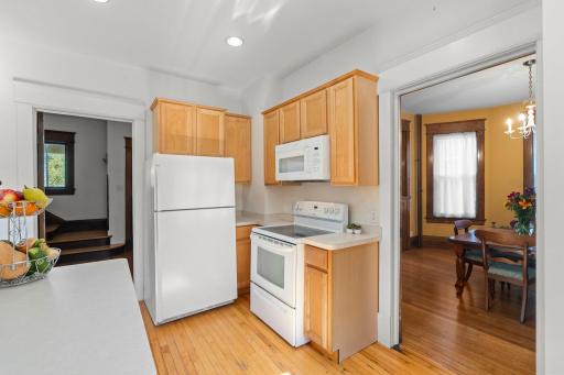 Kitchen with view into the dining room on the right.
