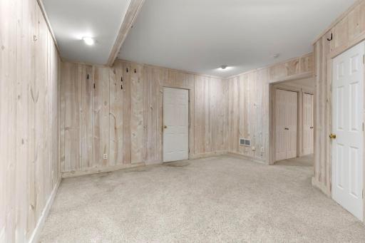 Wood paneled recreation room in the lower level.