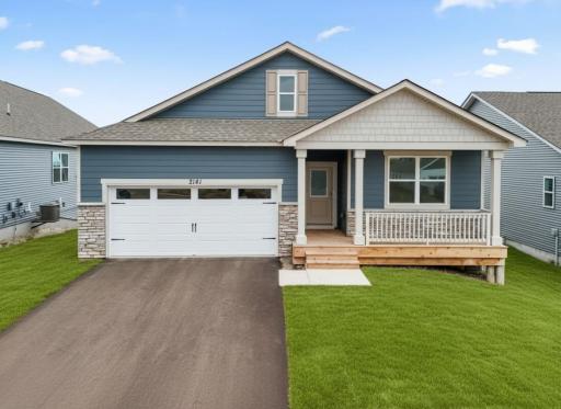 Welcome to the Cali at Bluff View in Shakopee! Top notch curb appeal with front porch entry and more. Welcome to one level living! Photo of actual home.