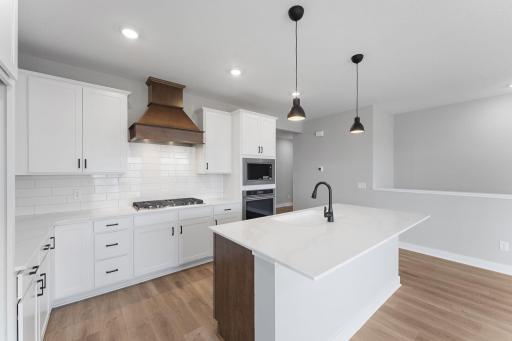 Large island, vented hood, 5-burner gas cooktop AND abundant cabinet/counter space - chef's dreams come true! Photo of actual home.