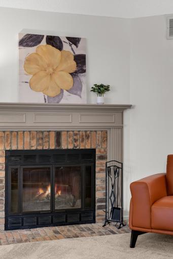 Close-up of the brick fireplace—a great feature for cozy Minnesota evenings.
