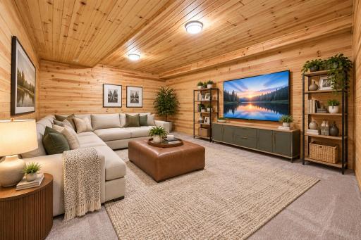 Virtually Staged Knotty Pine Room in lower level