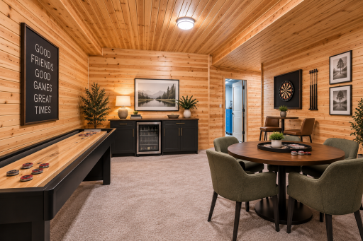 Virtually Staged Knotty Pine Room in lower level
