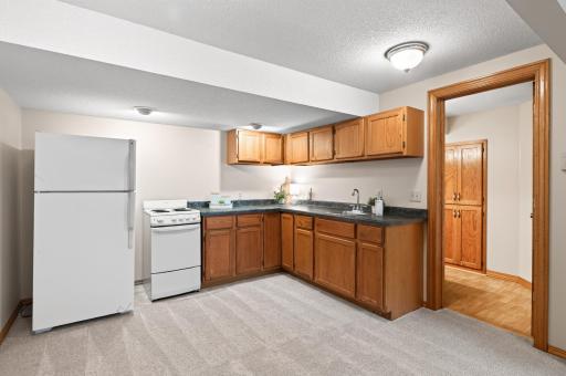 The basement kitchen is fully stocked with a sink, fridge, and stove, adding to the versatility of the space.