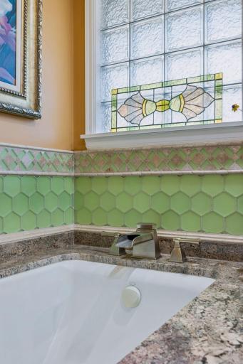 80 gallon soaker tub with glass tile surround