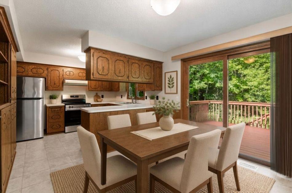 The dining area has access to the backyard deck and flows naturally into the kitchen, creating an inviting everyday layout. (Virtually Staged)