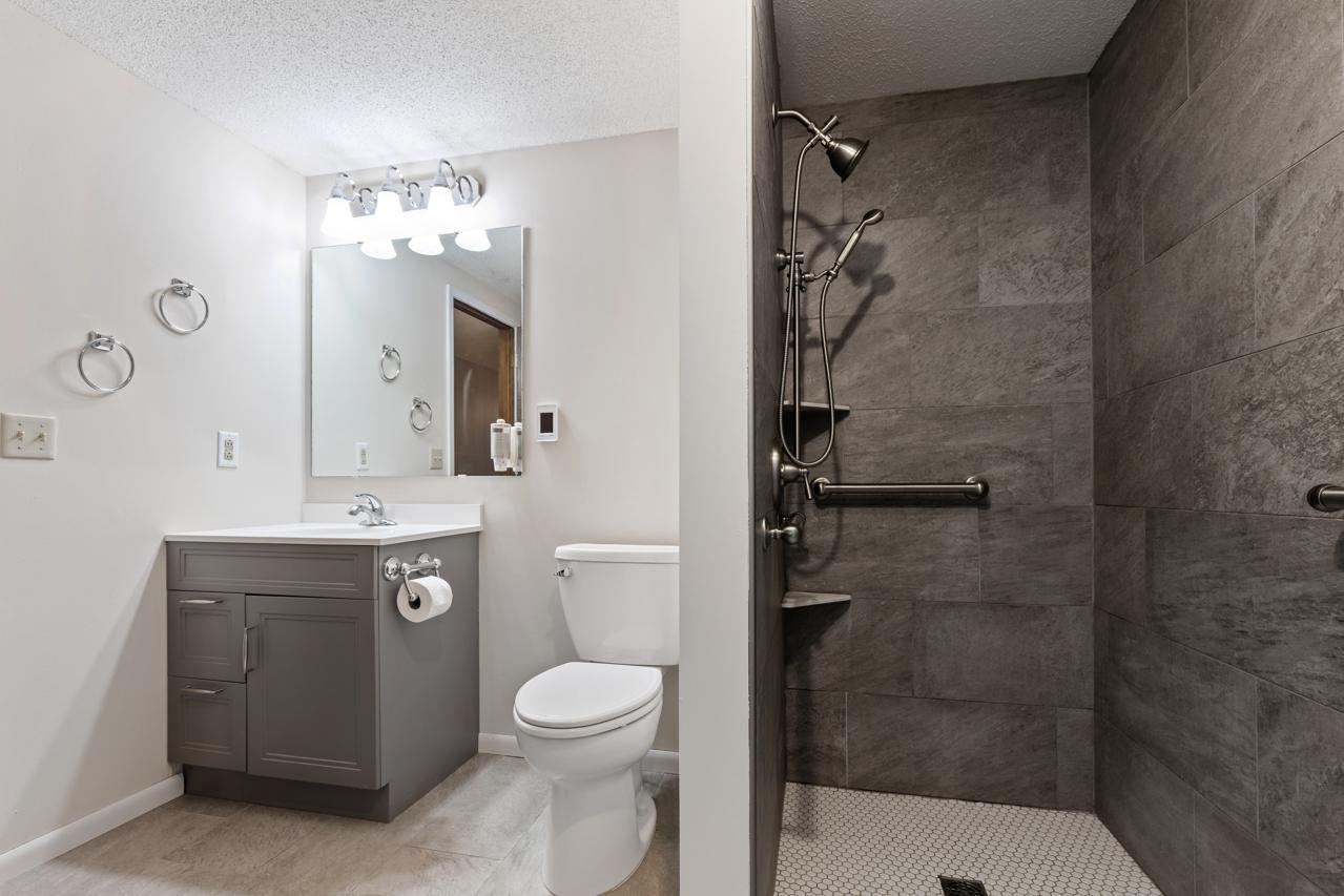 Updated lower-level bathroom featuring a beautifully tiled shower with modern finishes.