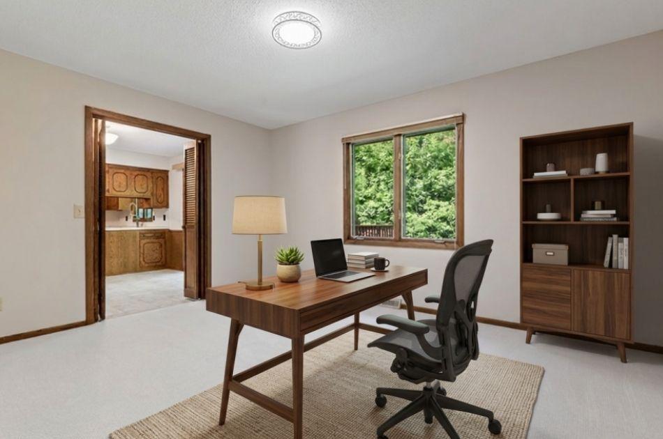 This flexible space can be used as a home office or bedroom and is accessible from both the dining area and the hallway. (Virtually Staged)