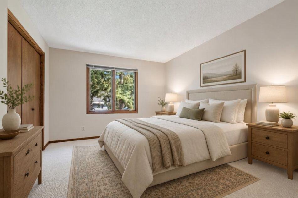 This main-floor second bedroom offers a cozy, convenient layout and can easily serve as the home’s primary bedroom. (Virtually Staged)