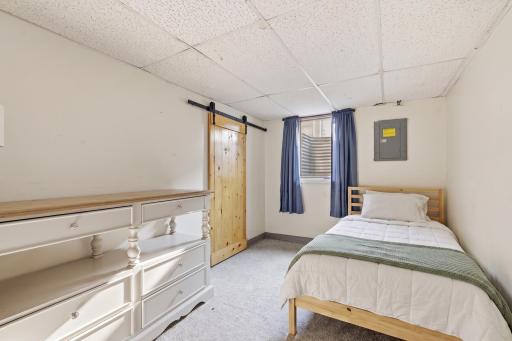 The lower level bedroom, with an egress window , has plenty of space for a larger bed.