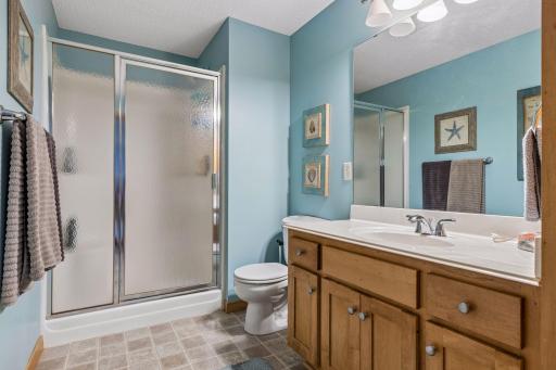 Lower-level three-quarter bath with linoleum flooring, cultured-marble vanity, maple cabinetry and millwork, plus a walk-in shower