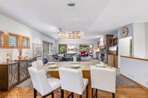 The granite center island includes an area for a breakfast bar.