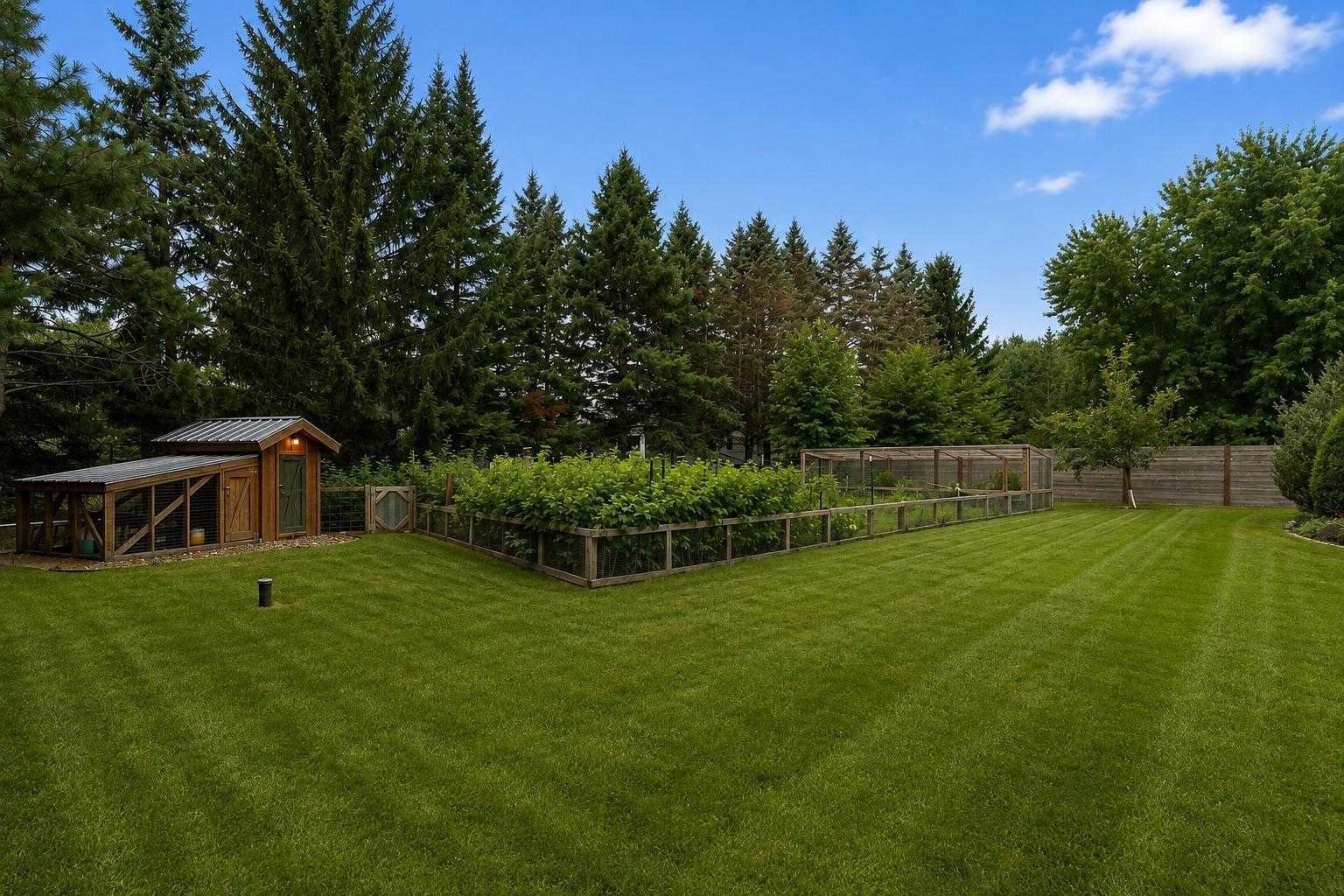 Amazing chicken coop and fenced garden area! Both included. Photo digitally enhanced