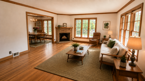 Living room - virtually Staged. Just look at these beautiful living and dining room windows!