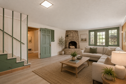 Basement Family Room - This room has been virtually staged. The wood-burning fireplace features a striking turret-style design â its rounded silhouette adds a touch of old-world architectural charm rarely seen in homes of this era.