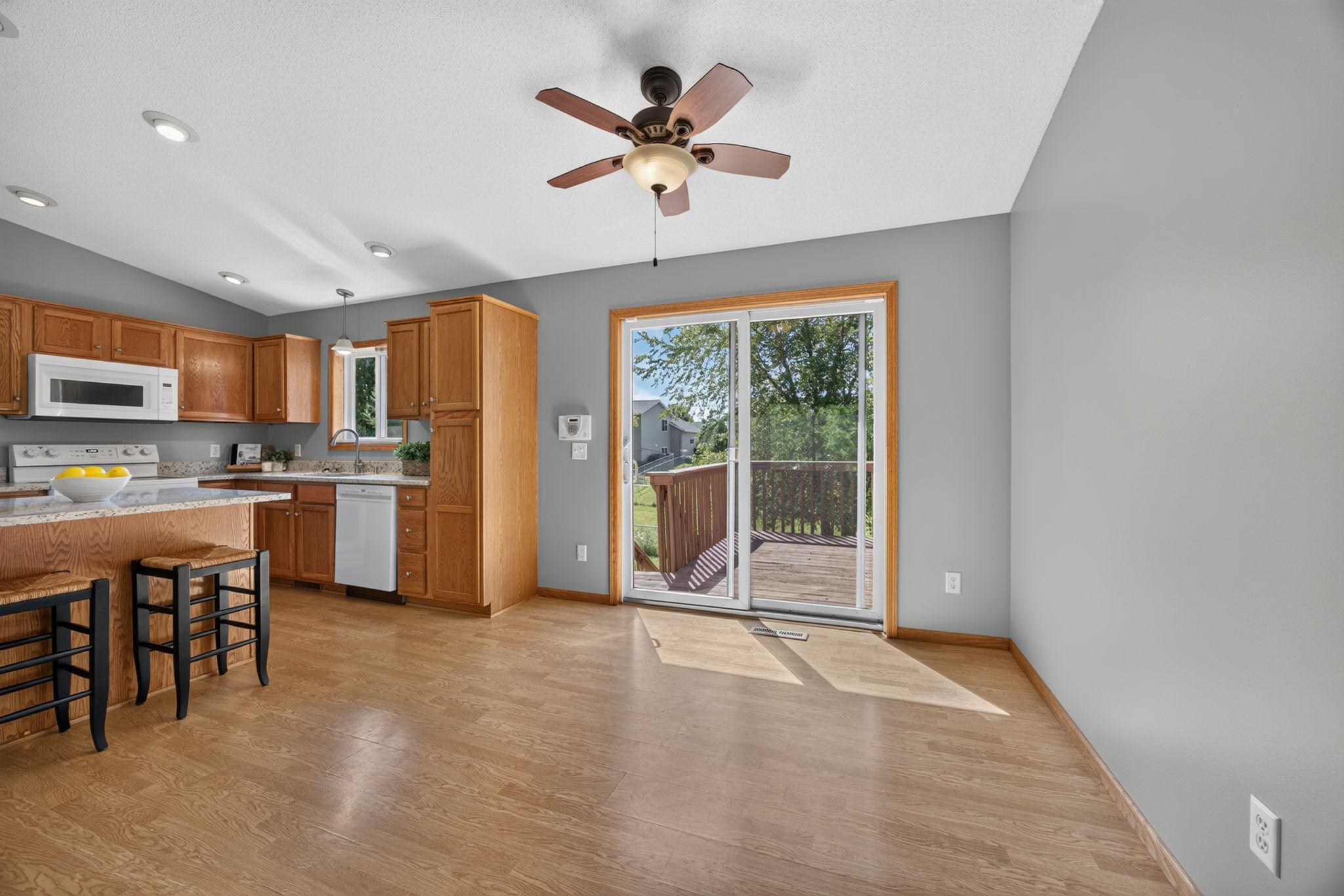 The dining area is spacious enough to comfortably accommodate a table with four to six chairs, making it equally suited for everyday meals or gathering with family and friends.