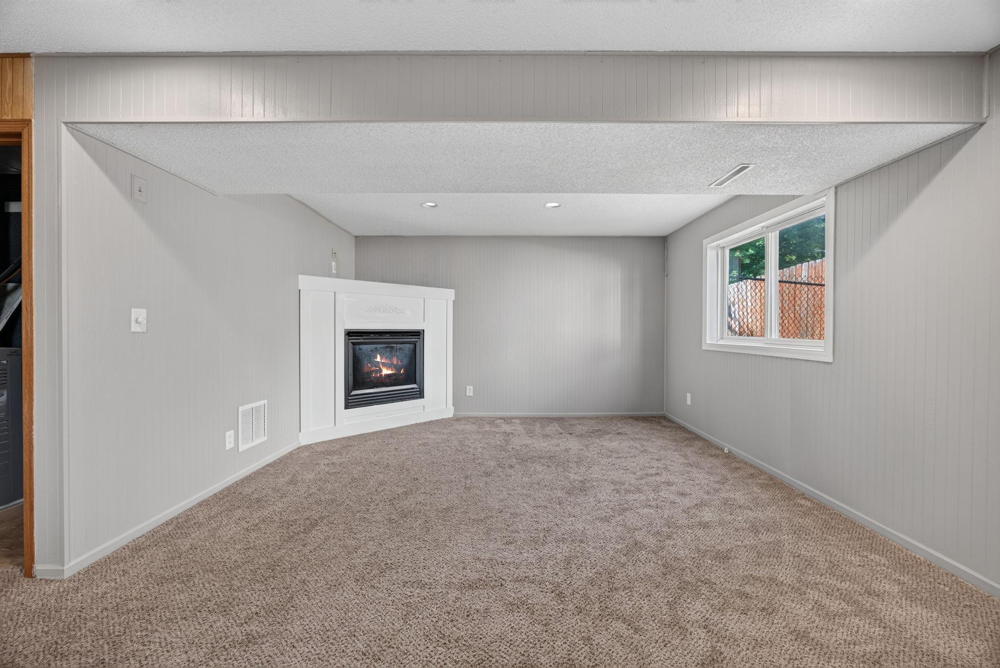 The lower-level living room offers a versatile second living space, perfect for movie nights, a teen hangout, or relaxing with family and friends. The cozy fireplace adds warmth and ambiance, making it an inviting retreat on cold Minnesota.