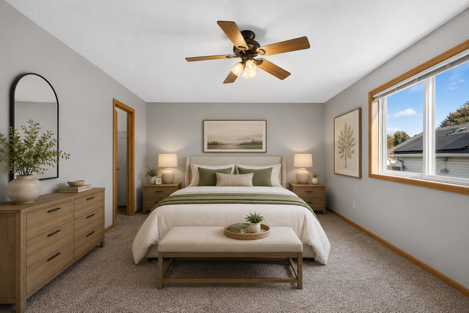 Sun-filled and spacious primary bedroom featuring two walk-in closets and convenient access to the main-floor bathroom, offering plenty of storage and everyday functionality. AI Staged Primary Bedroom