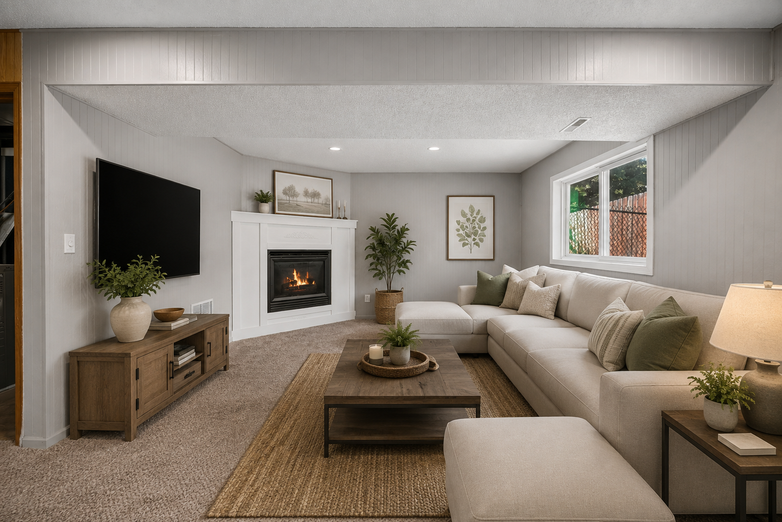 The lower-level living room offers a versatile second living space, perfect for movie nights, a teen hangout, or relaxing with family and friends. The cozy fireplace adds warmth and ambiance, making it an inviting retreat on cold Minnesota. AI Staged